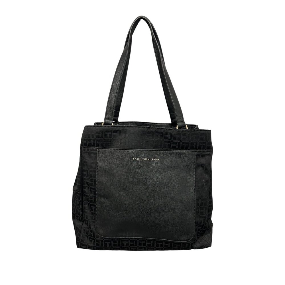 Tommy Hilfiger NWT Black Logo Tote Bag Multiple Compartments Leather Handles